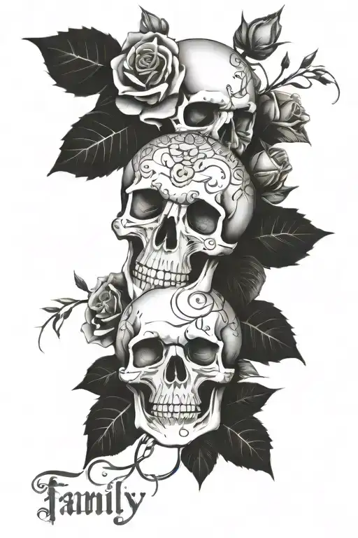 skull roses and the word family tattoo design idea