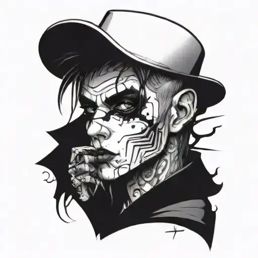 An avant-garde interpretation of an emo traper's persona with dark and moody black-grey shading tattoo design idea