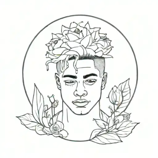Incorporate Xxxtentacion's album cover art into a minimalist floral design tattoo design idea