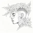 Sketch a portrait of Xxxtentacion surrounded by flowers tattoo design idea