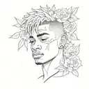 Sketch a portrait of Xxxtentacion surrounded by flowers tattoo design idea
