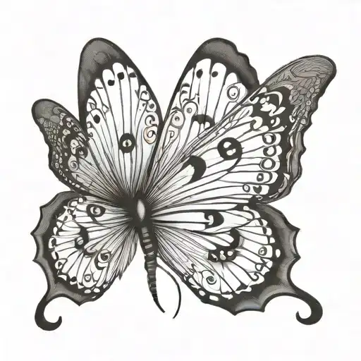 A minimalist black and grey tattoo of a butterfly with the number 143 hidden within the wings tattoo design idea