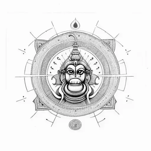 Lord Hanuman with red tilak in triangle with two large planets sun and Mars. 2 bunch of 3 and 5 starts, Hanuman chalisha tattoo design idea
