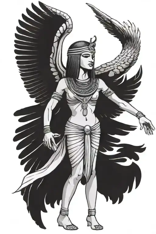Isis (ancient Egyptian figure) stands up with open wings from front view. tattoo design idea