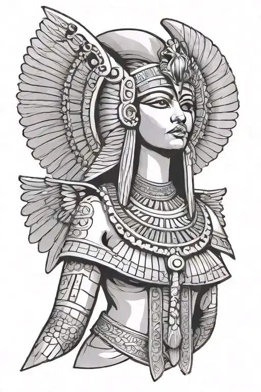 Isis (ancient Egyptian figure) stands up with open wings from front view. tattoo design idea