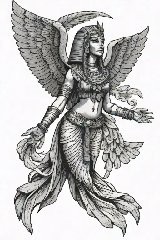 Isis (ancient Egyptian figure) stands up with open wings from front view. tattoo design idea