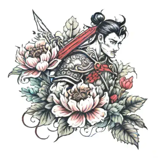 Warrior in a garden scene tattoo design idea