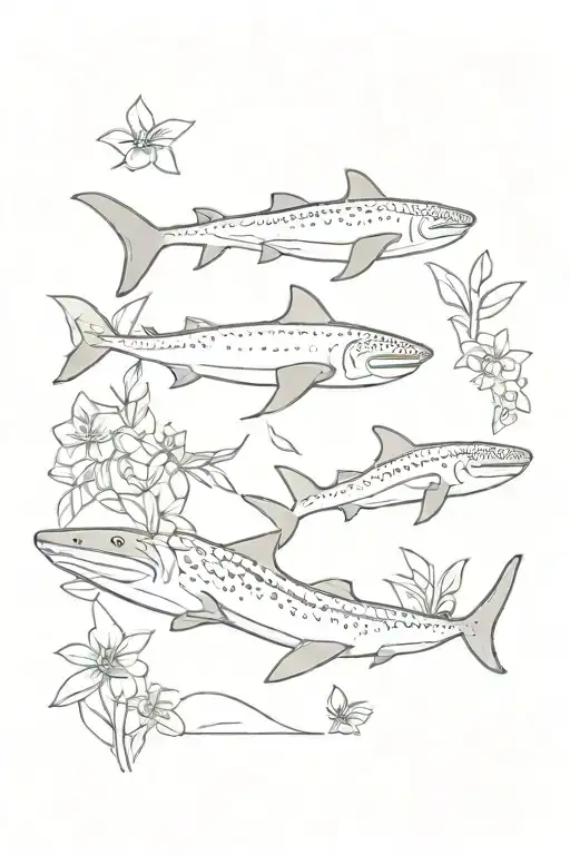 whale sharks with tropical flowers tattoo design idea