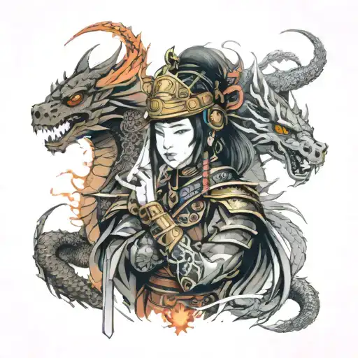 beautiful samurai girl in a helmet and fire around her and two dragons looking at her tattoo design idea