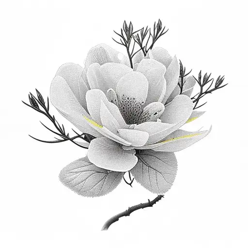 Azalea flower with long slender stems leading to some branches with some leaves at the ends, ending with its robust flow tattoo design idea