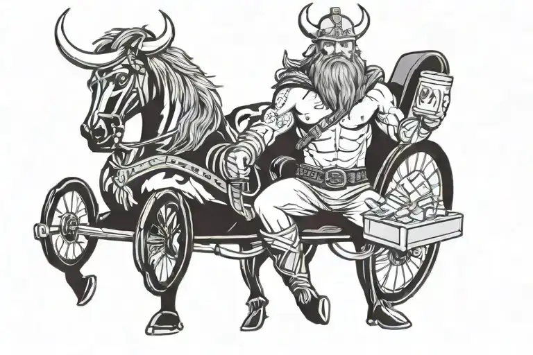 a Viking holding a bag of money while driving a dodge challenger tattoo design idea