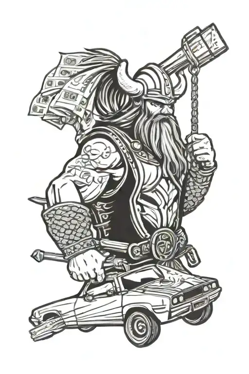 a Viking holding a bag of money while driving a dodge challenger tattoo design idea