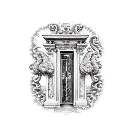 gate to heaven with Adam and Eva and animals tattoo design idea
