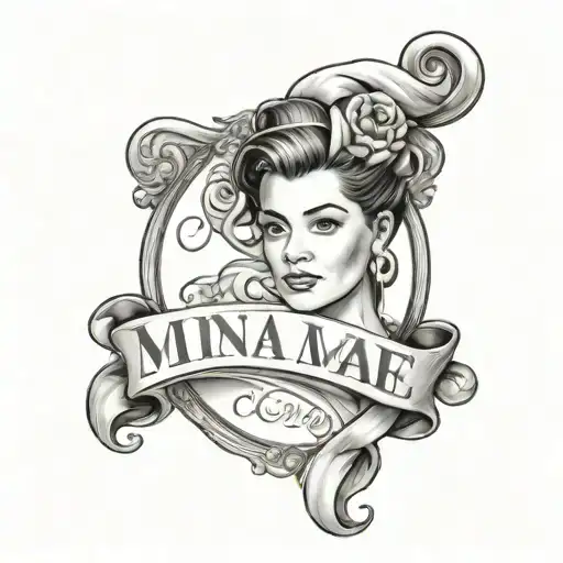 A portrait of your mother, Adriana, with a banner that reads 'Minha Mãe' in elegant script, as a tribute to her tattoo design idea