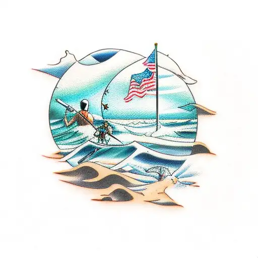 ocean scene with hourglass in the sand and two scuba divers in the background tattoo design idea