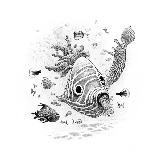 An underwater scene with ocean creatures and two scuba divers facing each other tattoo design idea