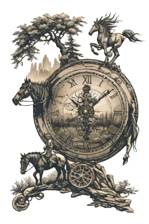 forest, river, mountain.  on the mountain the horse stands on its hind legs.  the sun is shining.  compass, round clock with Roman letters tattoo design idea