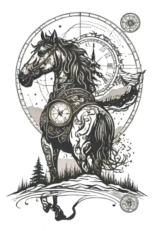 forest, river, mountain. a horse stands on its hind legs on the mountain. the sun is shining. a compass, a round clock with Roman letters tattoo design idea