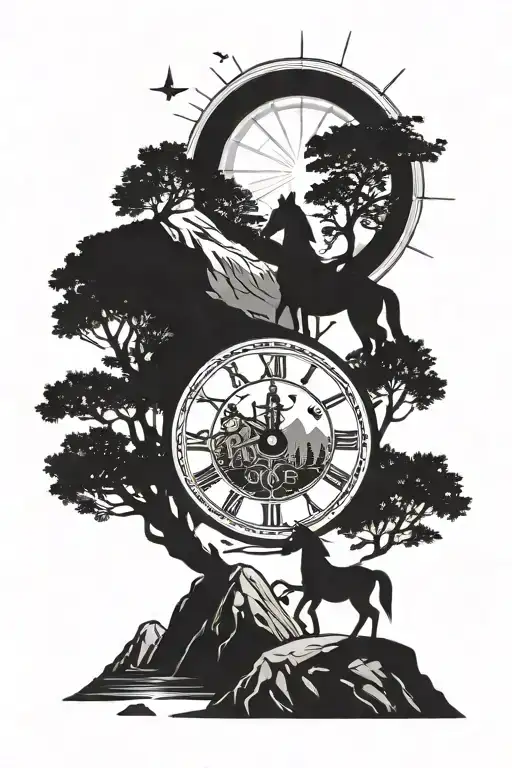 forest, river, mountain. a horse stands on its hind legs on the mountain. the sun is shining. a compass, a round clock with Roman letters tattoo design idea