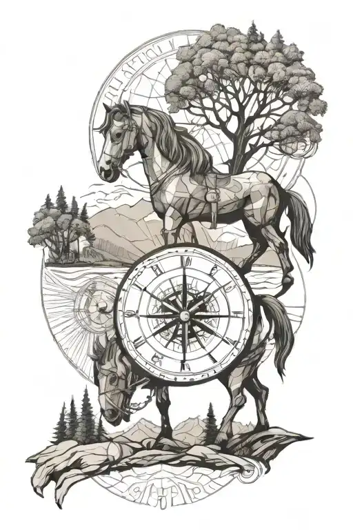 forest, river, mountain. a horse stands on its hind legs on the mountain. the sun is shining. a compass, a round clock with Roman letters tattoo design idea
