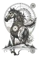 forest, river, mountain. a horse stands on its hind legs on the mountain. the sun is shining. a compass, a round clock with Roman letters tattoo design idea