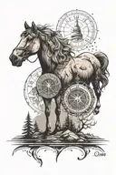 forest, river, mountain. a horse stands on its hind legs on the mountain. the sun is shining. a compass, a round clock with Roman letters tattoo design idea
