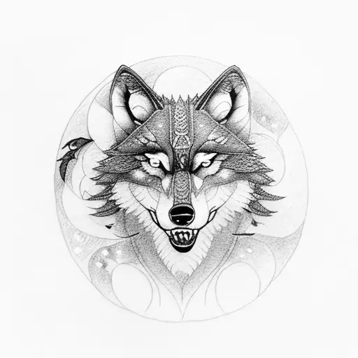 A wolf howling at the moon with intricate dotwork detailing tattoo design idea