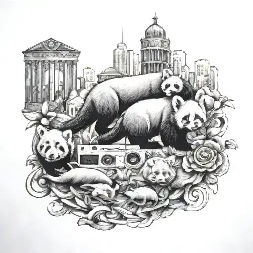 A mixtape with images of red pandas, otters, turtles, dachshunds, and Berlin landmarks tattoo design idea