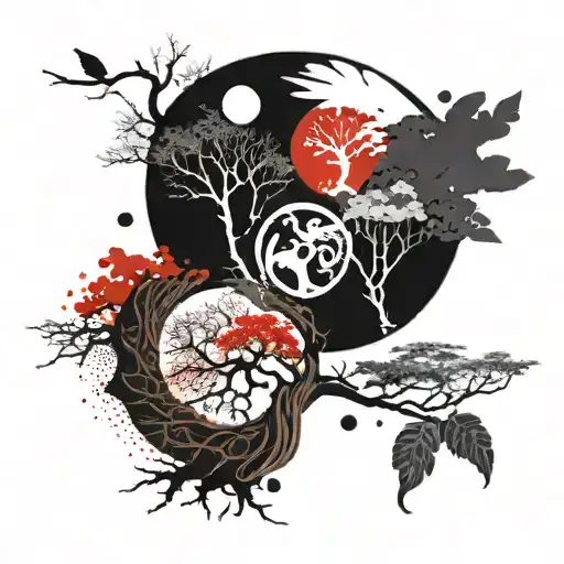 ying yang and the tree of life half dry half with leaves tattoo design idea