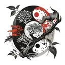 ying yang and the tree of life half dry half with leaves tattoo design idea