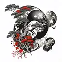 ying yang and the tree of life half dry half with leaves tattoo design idea