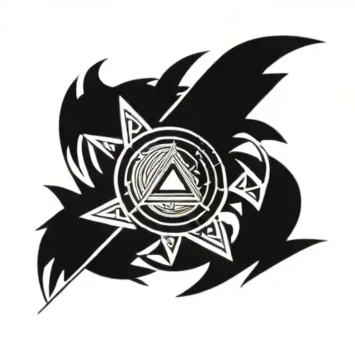 raido inside a incomplete imperfect circle sun with 7 triangle sun beams tattoo design idea