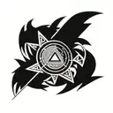 raido inside a incomplete imperfect circle sun with 7 triangle sun beams tattoo design idea