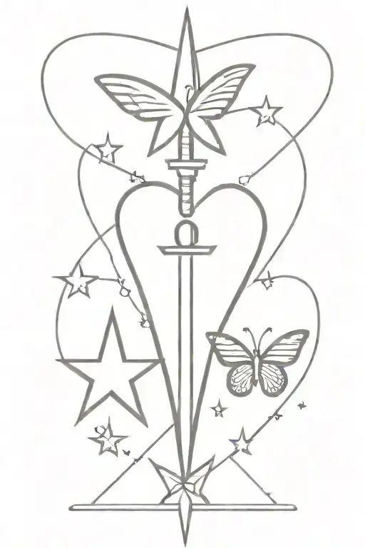 heart, star and butterfly with dagger tattoo design idea