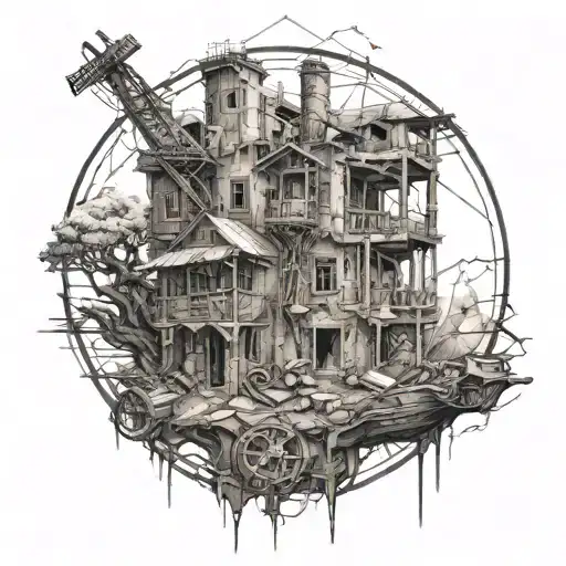 Create a tattoo design combining elements of construction and god, symbolizing your journey from darkness to redemption tattoo design idea