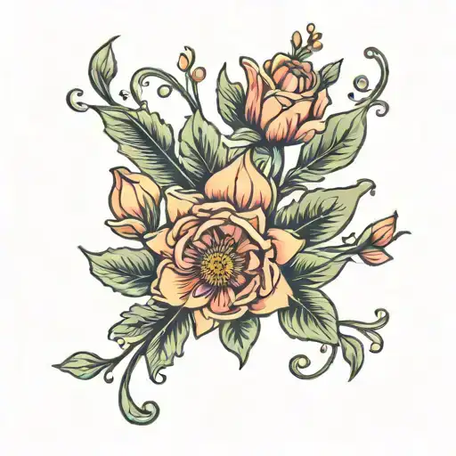 January and March birth flower bouquet tattoo design idea
