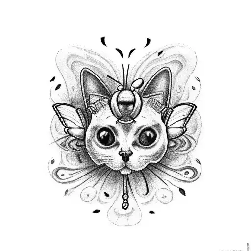 Cat skull with butterflies coming out of his sockets  tattoo design idea