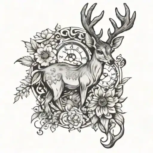 deer standing, gerbera, lily flowers and capricorn holding time and money tattoo design idea