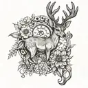 deer standing, gerbera, lily flowers and capricorn holding time and money tattoo design idea