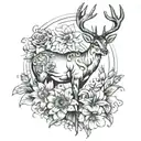 deer standing, gerbera, lily flowers and capricorn holding time and money tattoo design idea