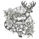 deer standing, gerbera, lily flowers and capricorn holding time and money tattoo design idea