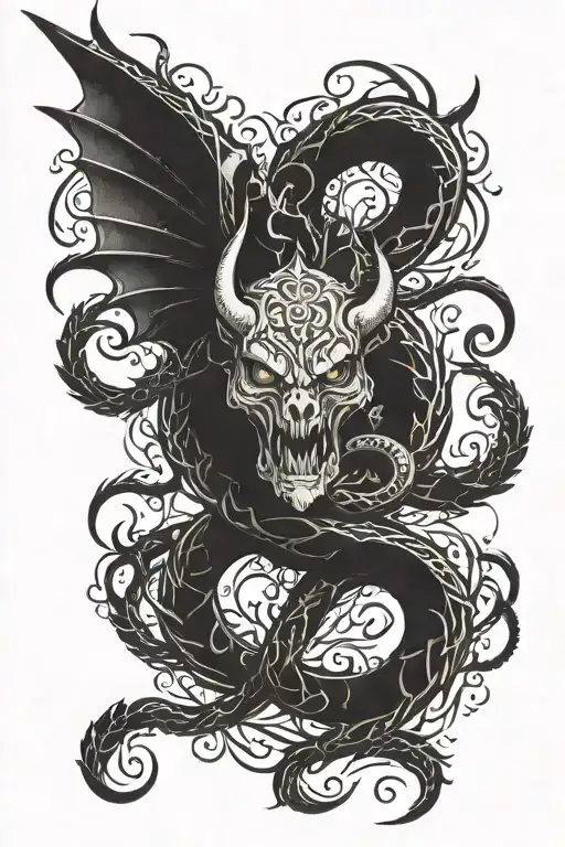 A tattoo featuring a supernatural creature intertwined with the numbers 666, in a blackwork style tattoo design idea