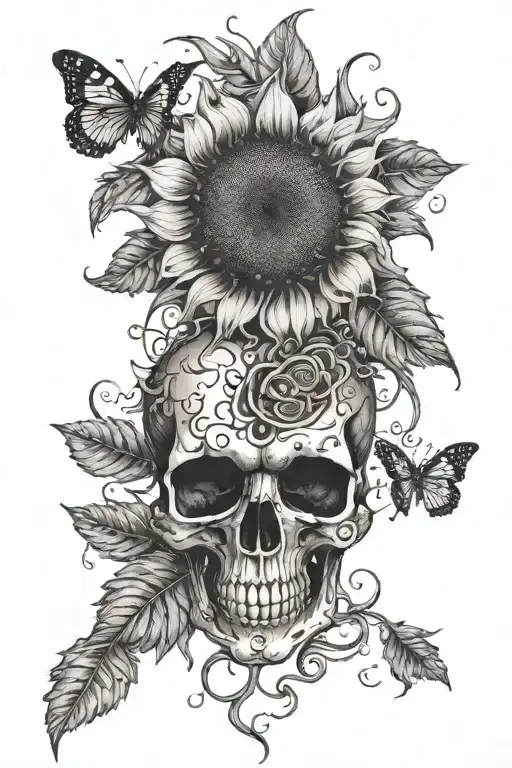 A heaven and hell themed tattoo of a sunflower growing out of a skull, with smoke forming angelic and demonic shapes around them tattoo design idea