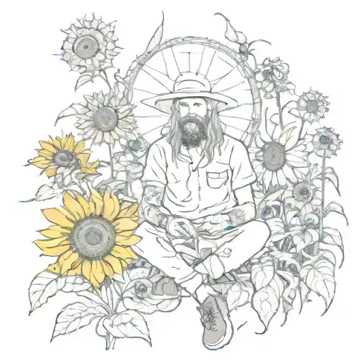 A stoner sitting in a field of sunflowers, surrounded by supernatural beings like ghosts and demons, with 666 subtly hidden in the background tattoo design idea
