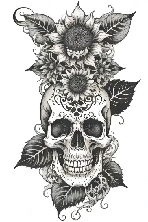 A heaven and hell themed tattoo of a sunflower growing out of a skull, with smoke forming angelic and demonic shapes around them tattoo design idea