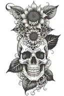 A heaven and hell themed tattoo of a sunflower growing out of a skull, with smoke forming angelic and demonic shapes around them tattoo design idea