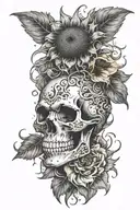 A heaven and hell themed tattoo of a sunflower growing out of a skull, with smoke forming angelic and demonic shapes around them tattoo design idea