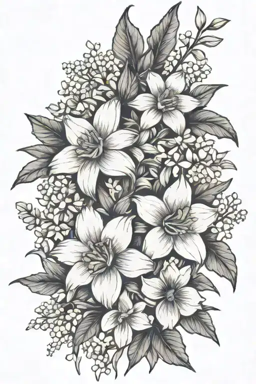 arm tattoo with honeysuckle, daffodil, daisy, larkspur, and violets. Include the no shoes nation flag. tattoo design idea