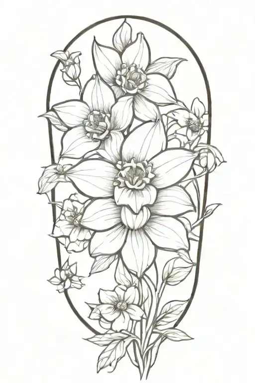 daffodil, daisies, violets, one rose intertwined tattoo design idea