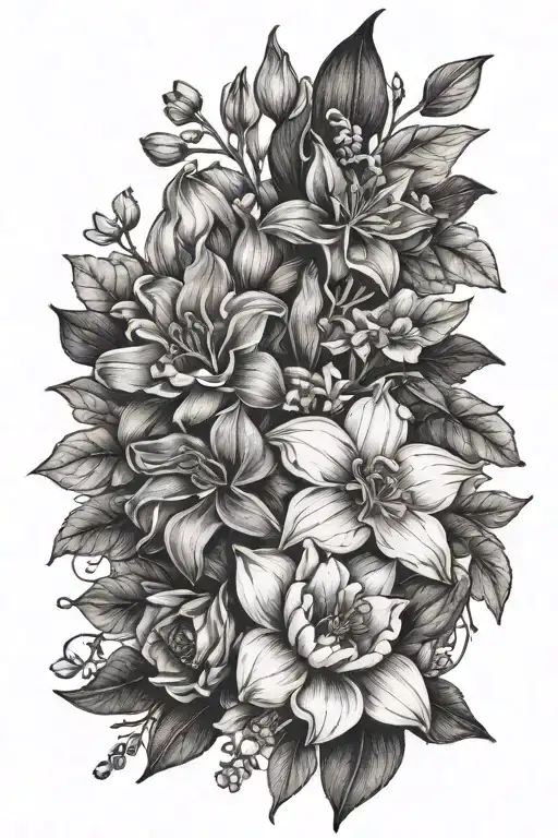 shaded arm tattoo with honeysuckle, daffodil, daisy, larkspur, and violets.  tattoo design idea
